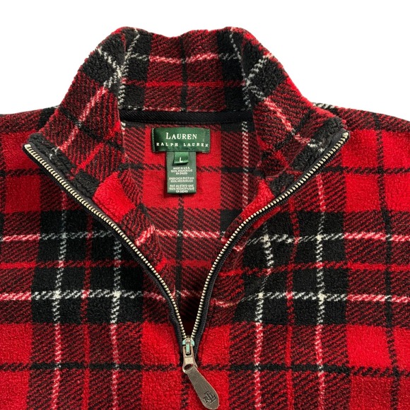 Lauren Ralph Lauren 1/4 Zip Plaid Fleece Men's Medium Red Tartan USA Made VTG - Picture 6 of 16